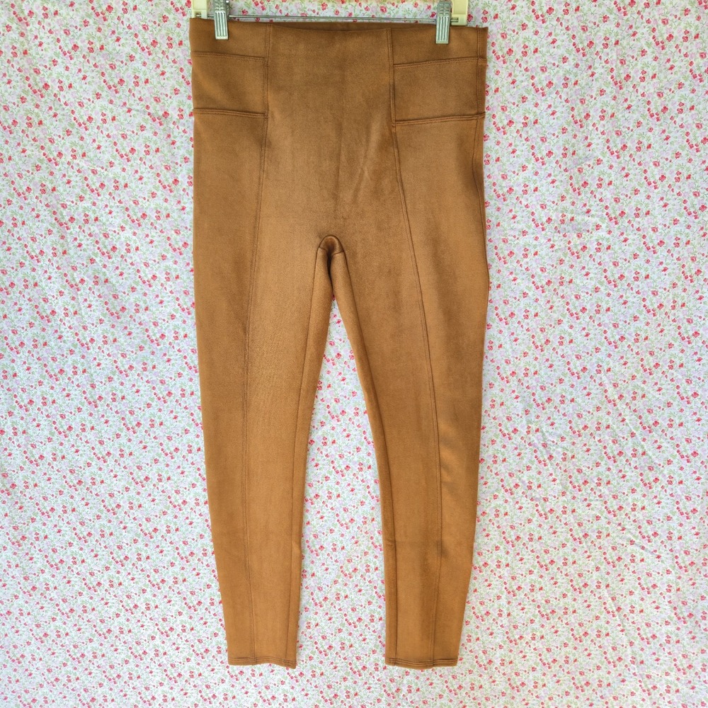 SPANX Faux Suede Leggings Caramel Brown High Rise Slimming Pants Size Large